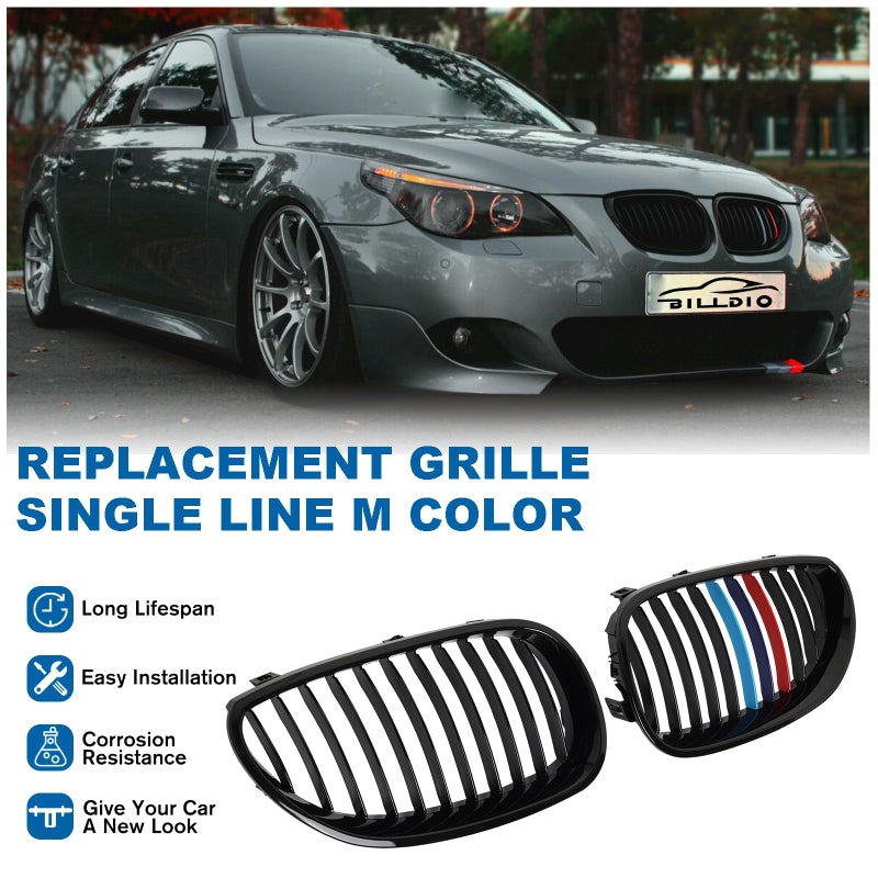 BILLDIO E60 Grille,Front Kidney Grill M Color Grille Compatible With 2003-2009 BMW 5 series E60 E61 520i,523i,525i,528i,530i,535i,550i,ABS Gloss Black Single Slat - Image 2